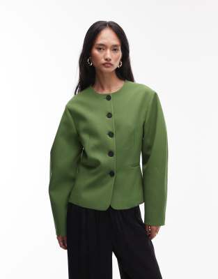 Topshop Ovoid Sleeve Blazer Top In Green