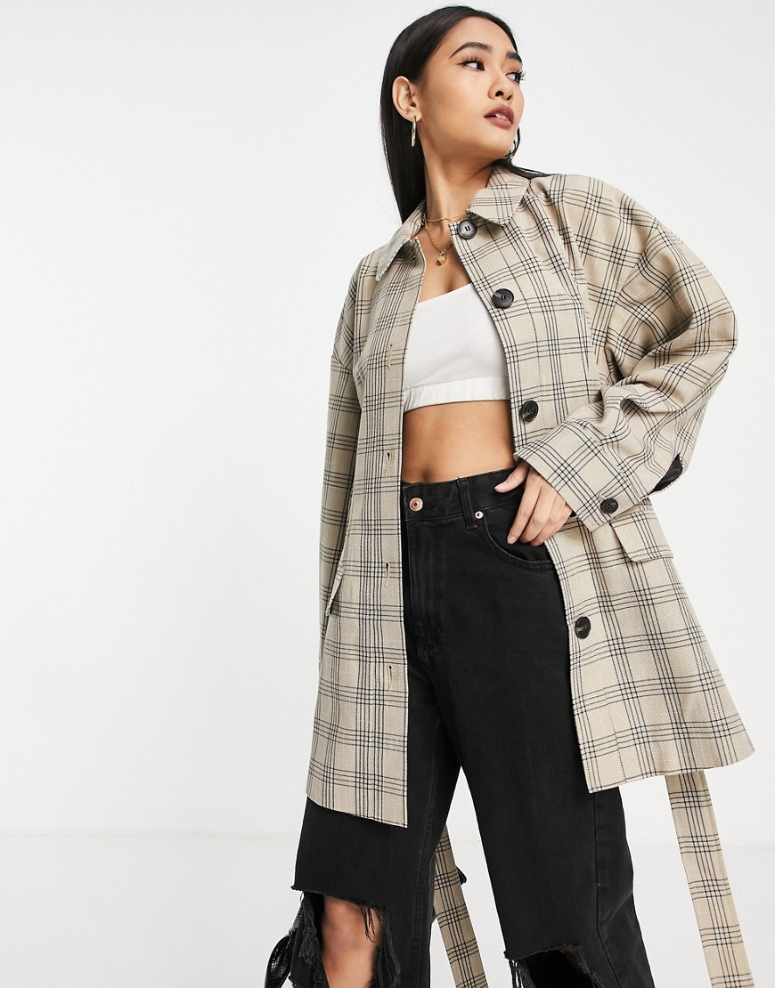 Topshop ovoid sleeve shacket in neutral check