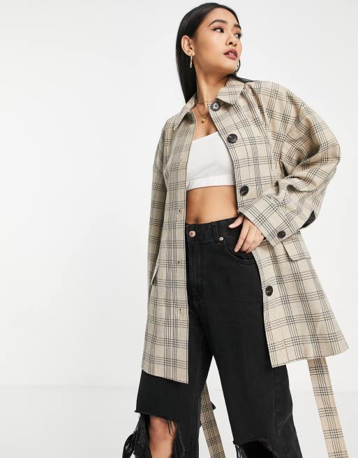 Topshop ovoid sleeve shacket in neutral check | ASOS