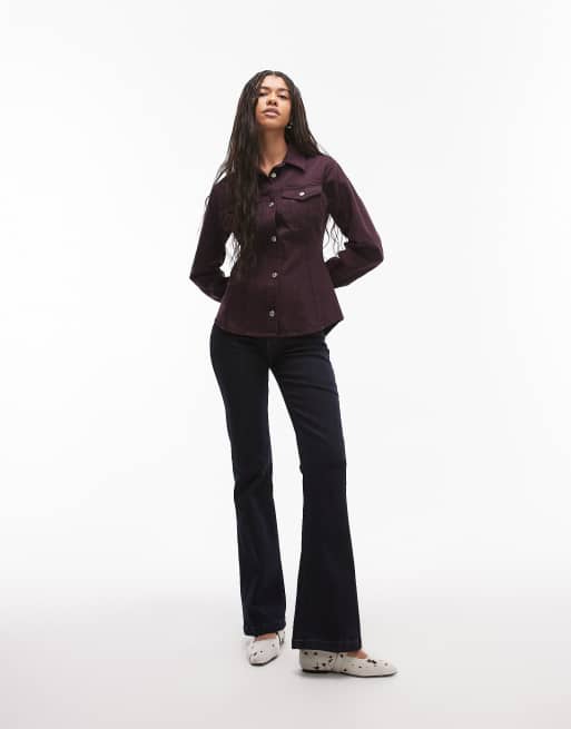 Topshop – Oxblodsröd jeansskjorta med markerad midja, 2 av 4