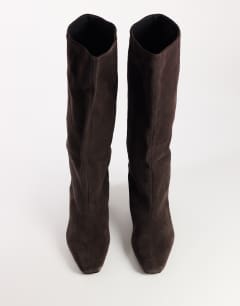 Model wearing Pablo real leather slim western boot in chocolate
