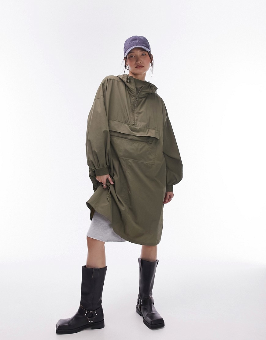 Topshop pac a mac raincoat in khaki-Green