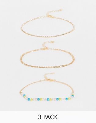 Topshop pack of 3 bead and chain bracelets in gold