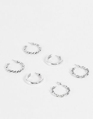 Topshop pack of 3 chain and twist hoop earrings in silver