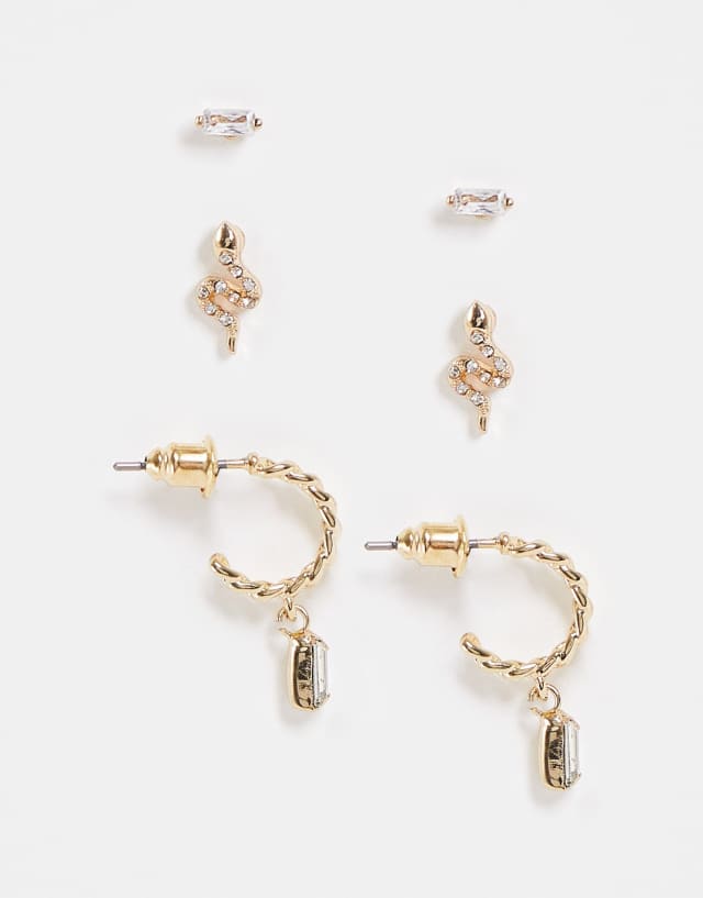 Topshop pack of 3 crystal and snake earrings in gold