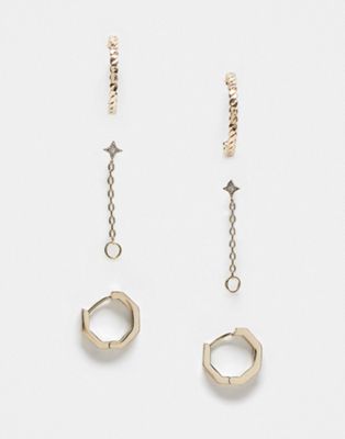 Topshop pack of 3 mix stud and hoop earrings in gold