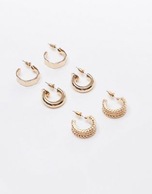 Topshop pack of 3 mix textured hoop earrings in gold