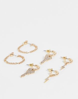 Topshop pack of 3 pave lightening earrings in gold