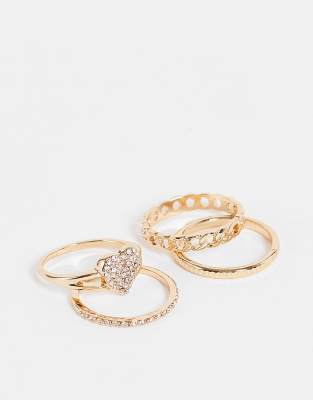 Topshop pack of 4 pave heart and chain rings in gold  - ASOS Price Checker