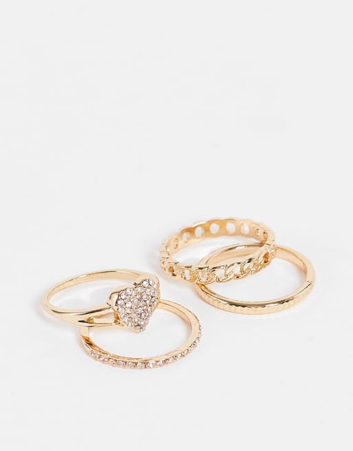 Topshop pack of 4 pave heart and chain rings in gold 