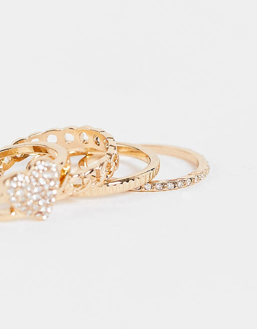 Topshop pack of 4 pave heart and chain rings in gold | ASOS