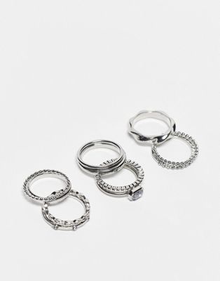 Topshop pack of 6 mix rings in silver