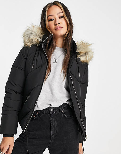 Top Padded Coat With Faux Fur Hood, Black Winter Coat Faux Fur Hood
