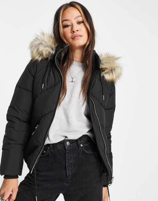 Topshop padded coat with faux fur hood in black ASOS