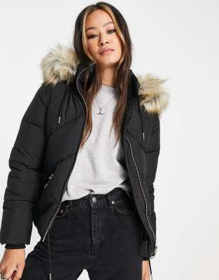 Topshop Padded Coat With Faux Fur Hood In Black