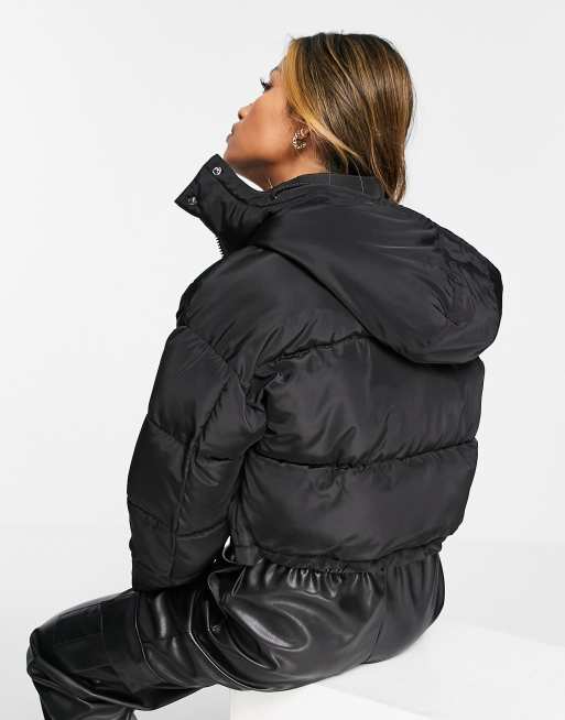 Black crop puffer shop jacket with hood