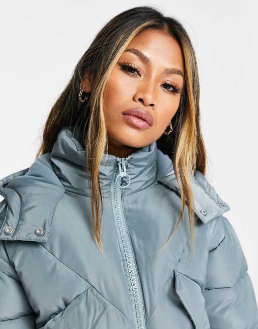 Topshop padded crop puffer jacket with hood in blue