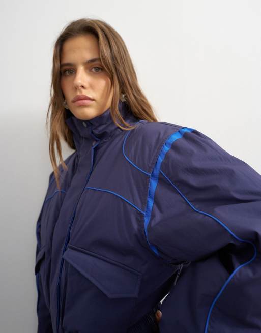 Topshop padded funnel neck jacket with contrast binding in blue, 3 of 4