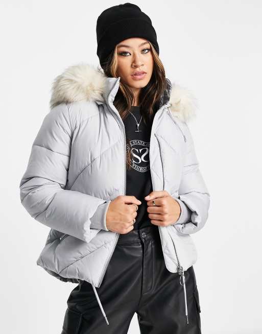 Topshop padded jacket with faux fur hood in gray