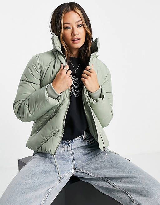 Women Topshop padded jacket with faux fur hood in sage 