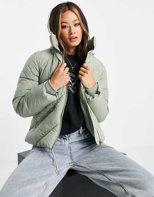 Topshop padded jacket with faux fur hood in sage | ASOS