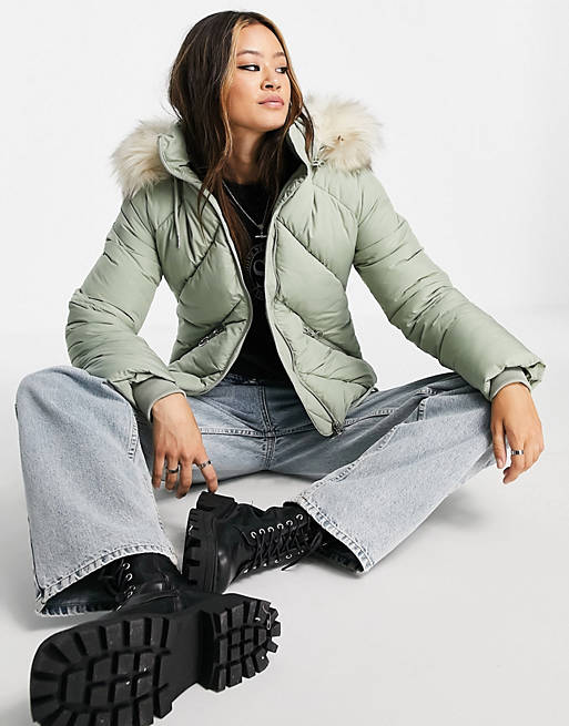 Women Topshop padded jacket with faux fur hood in sage 