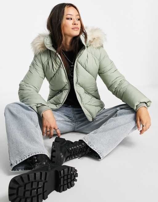 Topshop padded jacket with faux fur hood in sage