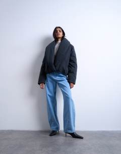 Padded shawl puffer jacket in washed black
