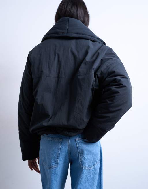 Topshop padded shawl puffer jacket in washed black, 3 of 4