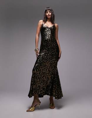 Topshop - Pailletten-Maxikleid mit Animalprint in Schwarz und Gold