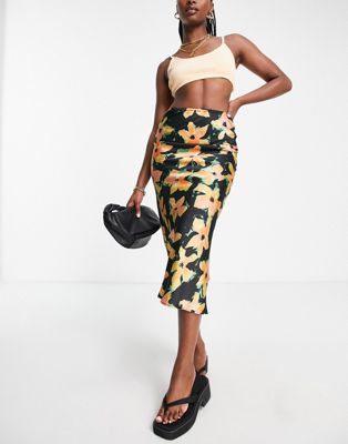 Topshop painted floral satin bias midi skirt in multi - ASOS Price Checker