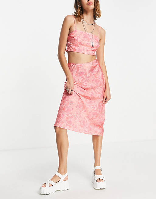 Topshop paisley midi bias skirt in pink