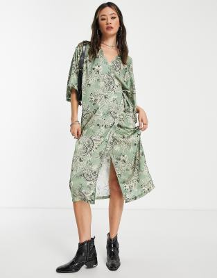 Topshop paisley satin midi dress kimono sleeve in mint-Green