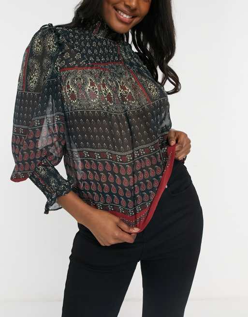 Topshop paisley shirred puff-sleeve blouse in multi