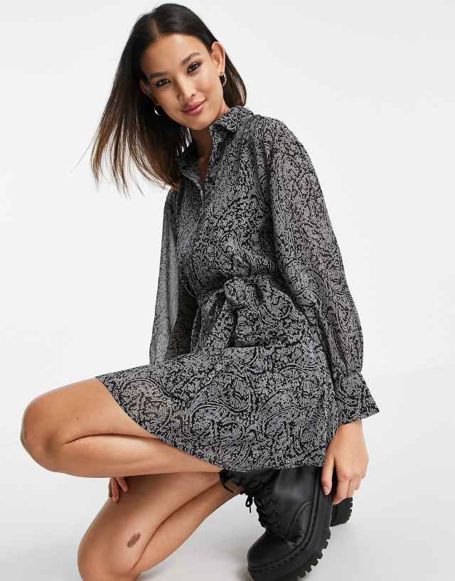 Topshop paisley tie waist shirtdress in mono