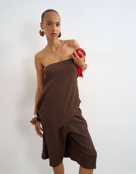 Topshop - palabra de honor asimétrica arrugada en chocolate - view 1
