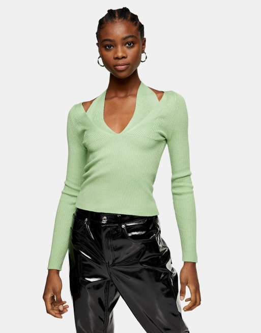 Topshop pale green strappy halter neck cutout knit top