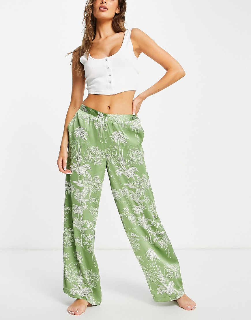 Topshop palm print satin pajama bottom in sage-Green