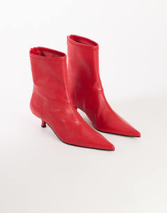 Model wearing Palmer real leather kitten heel ankle boot in red