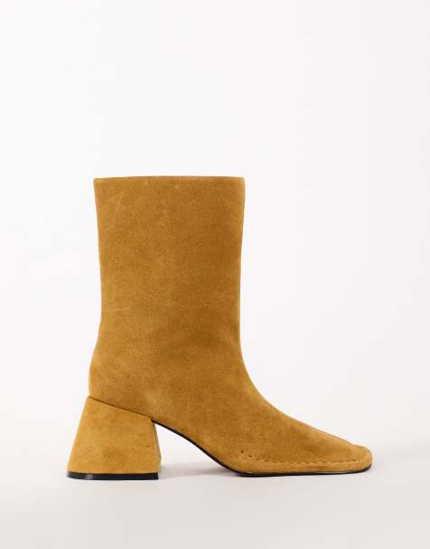 Topshop Pamela real suede block heel ankle boot in tan - view 1