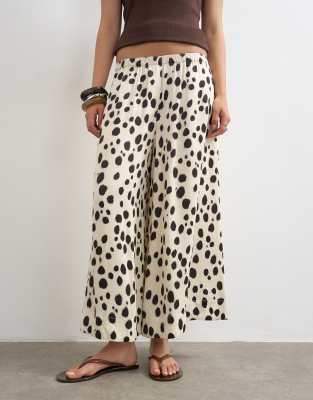 Pantalon à enfiler coupe trapèze ample en satin à imprimé animal abstrait-Blanc 32