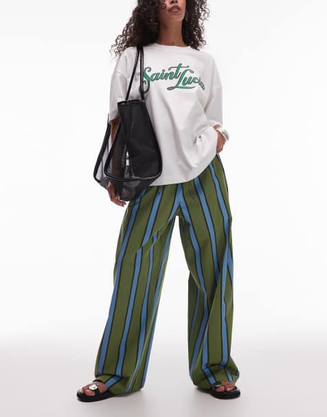 Topshop - Pantalon ample à enfiler en popeline à rayures - Kaki et bleu - view 1