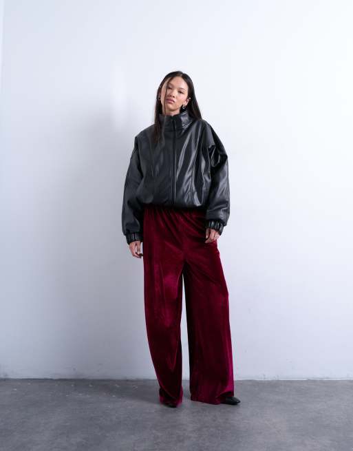 Topshop - Pantalon ample à enfiler en velours - Prune