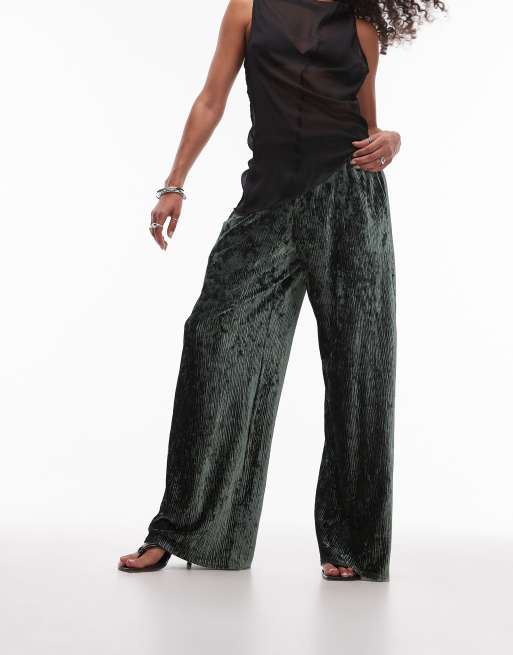 Topshop - Pantalon ample à fine taille en velours frappé - Vert