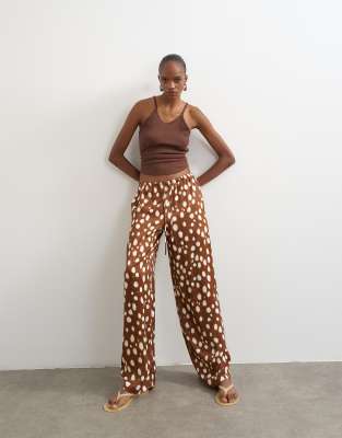 Pantalon ample en satin à imprimé abstrait animal avec liens noués à la taille-Brown 40