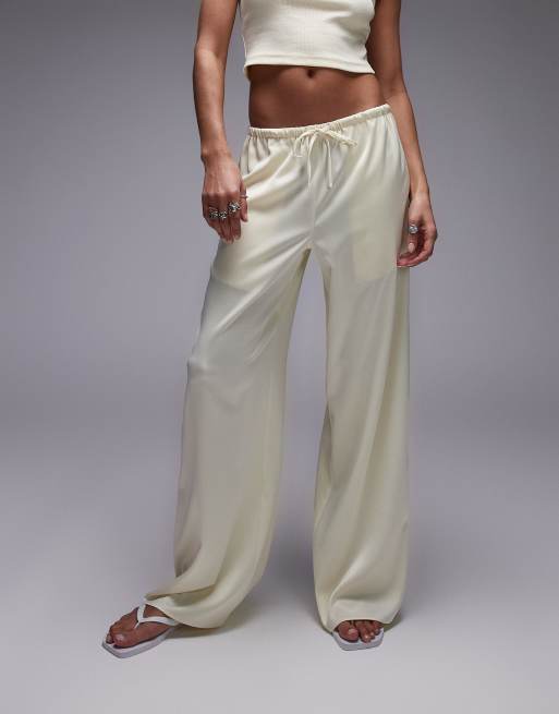 Topshop satin tie waist wide leg pants in buttermilk