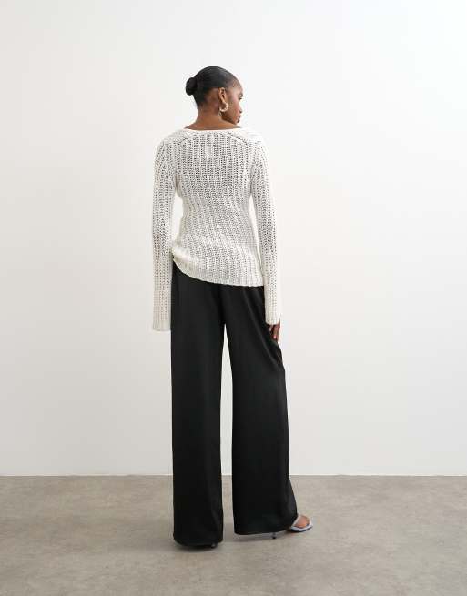 Topshop - Pantalon ample en satin noué à la taille - Noir, 4 de 5