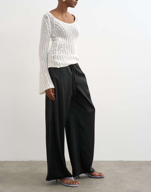 Topshop - Pantalon ample en satin noué à la taille - Noir, 5 de 5