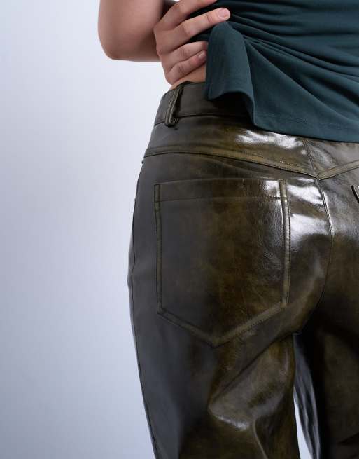 Topshop - Pantalon ample en similicuir ultrabrillant avec poches profondes - Vert délavé, 4 de 5