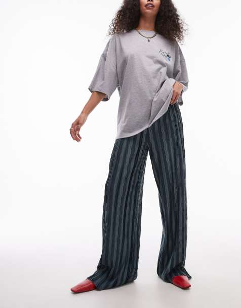 Topshop - Pantalon ample en tissu plissé à rayures verticales - Vert foncé - view 1